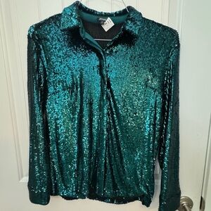 Express Teal Sequin Button Down Shirt women’s XS